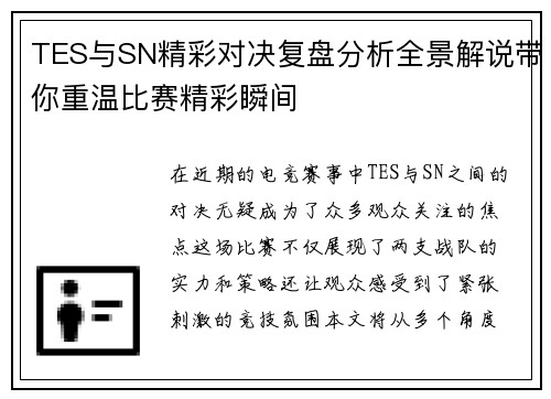 TES与SN精彩对决复盘分析全景解说带你重温比赛精彩瞬间