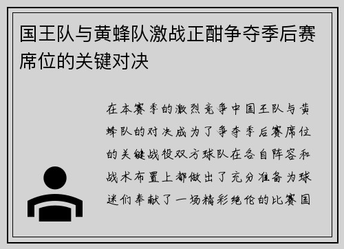 国王队与黄蜂队激战正酣争夺季后赛席位的关键对决